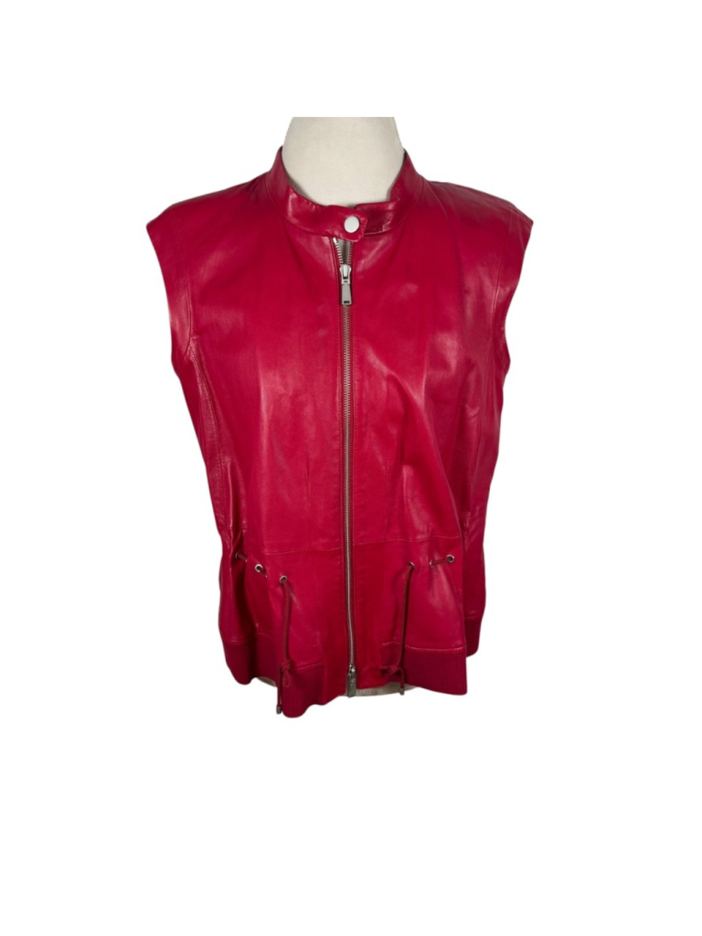 Worth New York Red Leather Moto Vest High Neck Cinch Waist Zip Front Size 12 - Picture 3 of 14